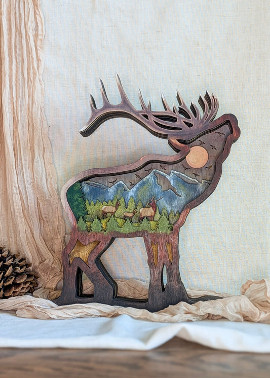 3D Elk Nightlight with Hand Painted Scene displayed with the light off