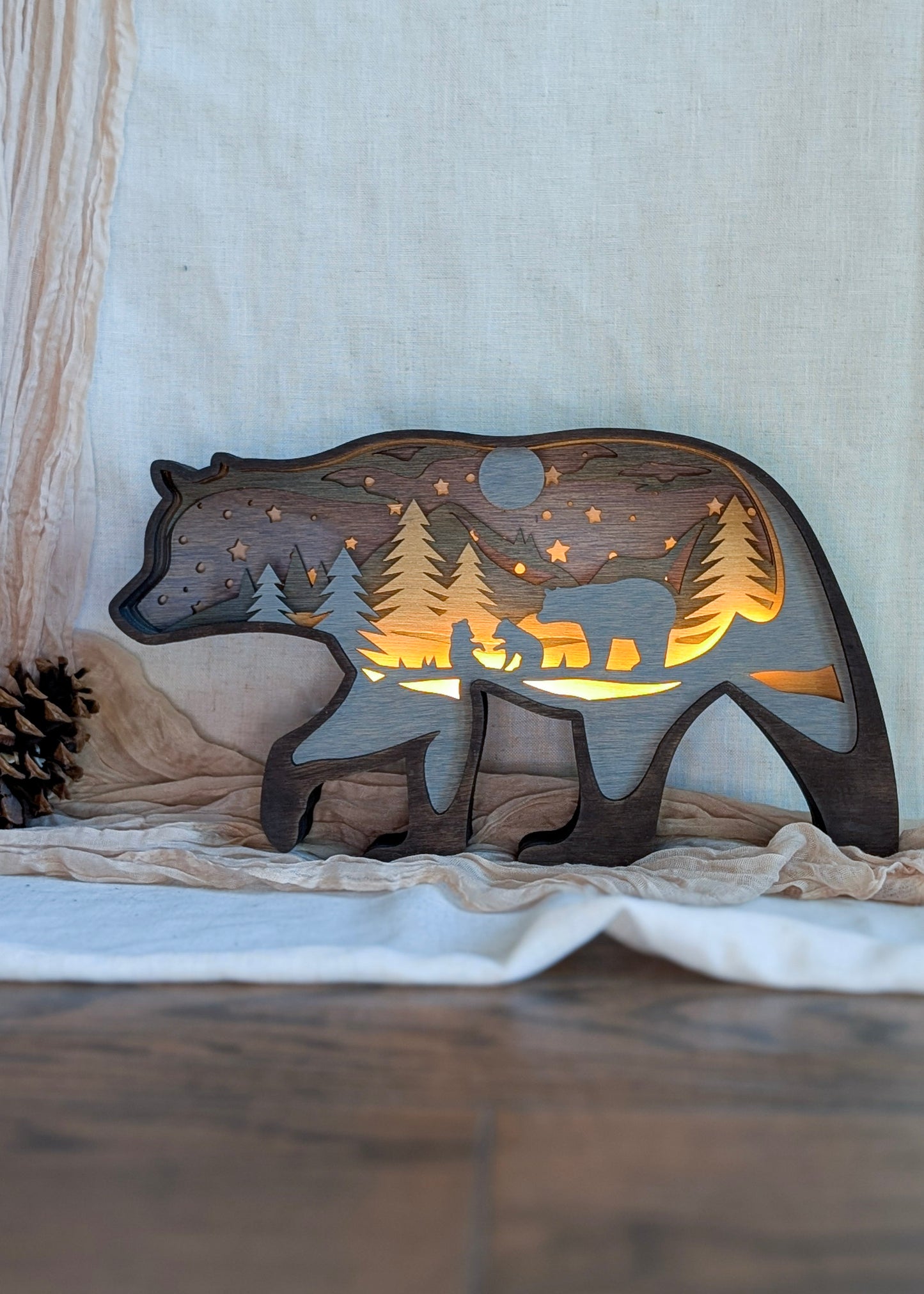 Lighted Bear Scene Night Light Turned On with Playful cubs