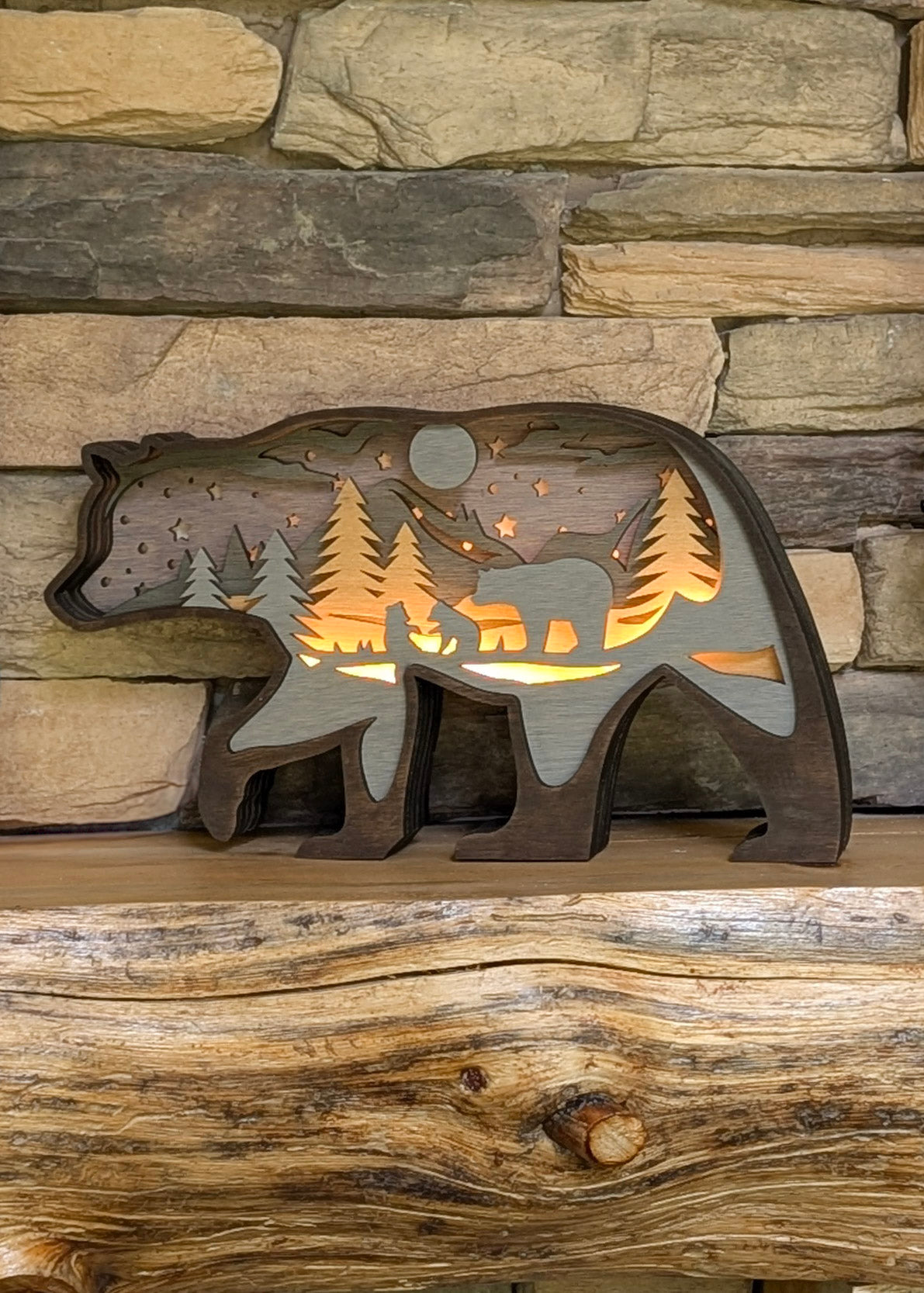 Lighted Bear Scene Light Turned On and Displayed on Mantle