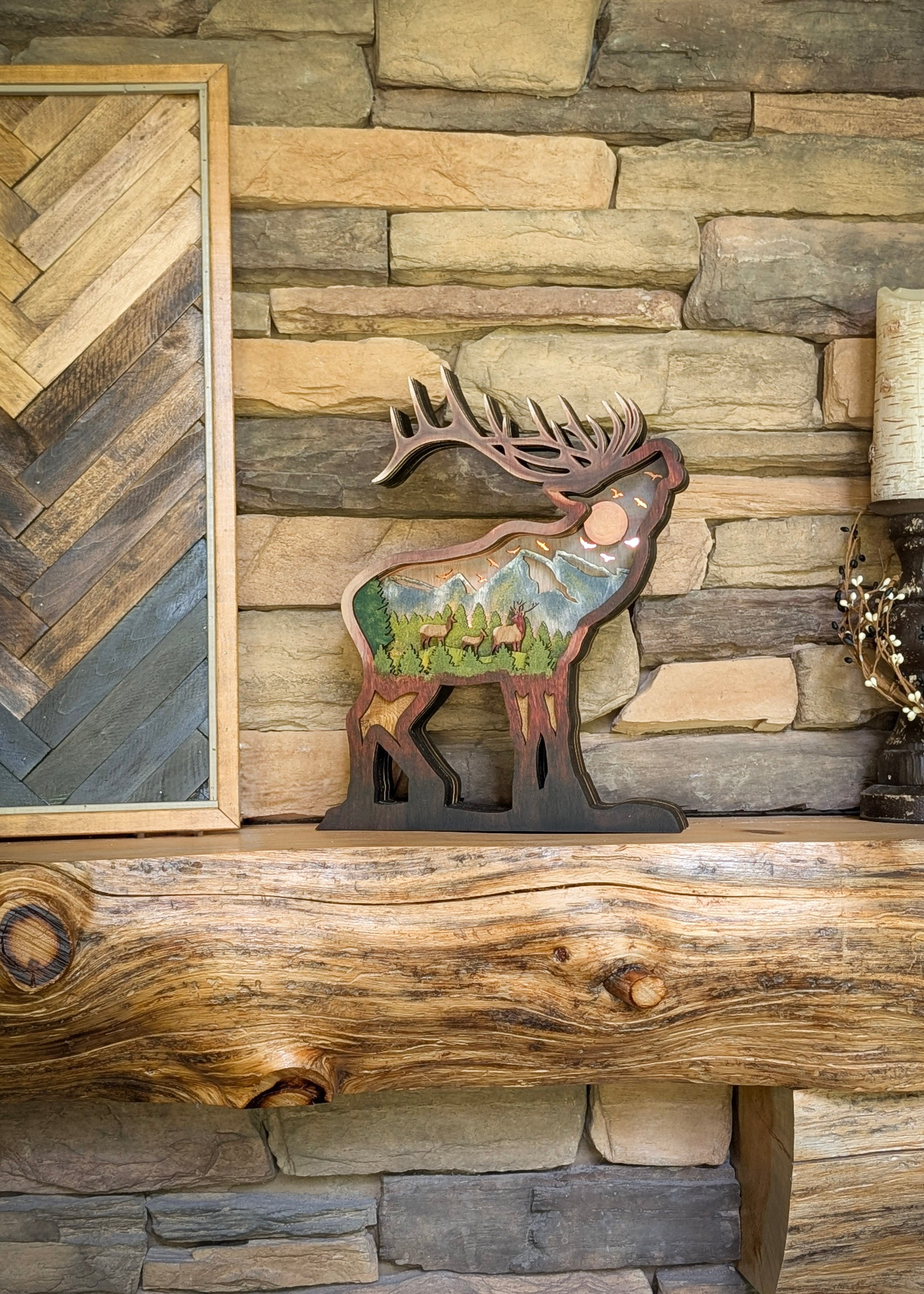 Lighted Elk Sitting On Mantle