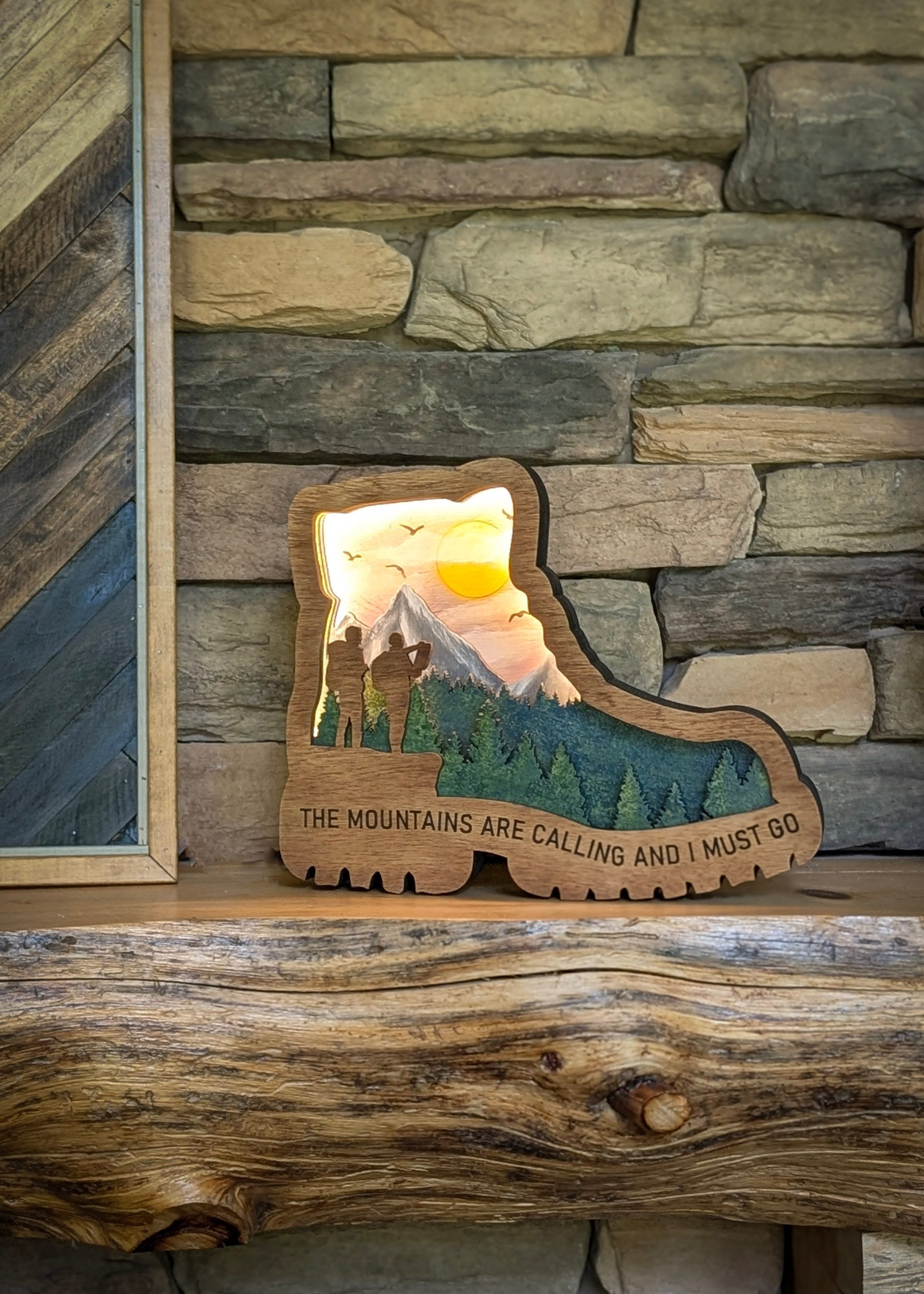Lighted Hiking Boot on Mantle With Light On