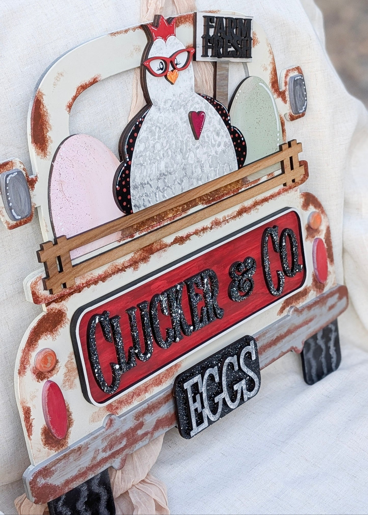 "Clucker & Co" Chicken & Eggs Workshop Project for Interchangeable Farm Truck Add On - Angled View With Truck Reference
