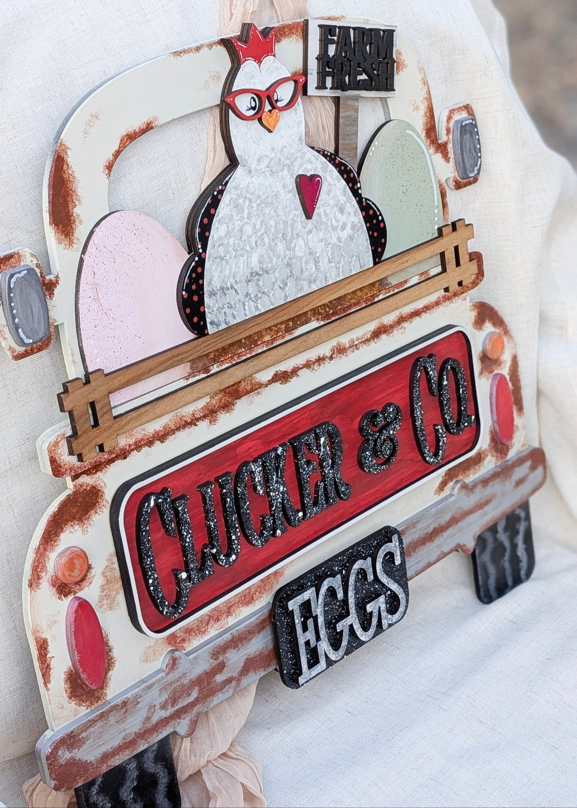 "Clucker & Co" Chicken & Eggs Workshop Project for Interchangeable Farm Truck Add On - Angled View With Truck Reference