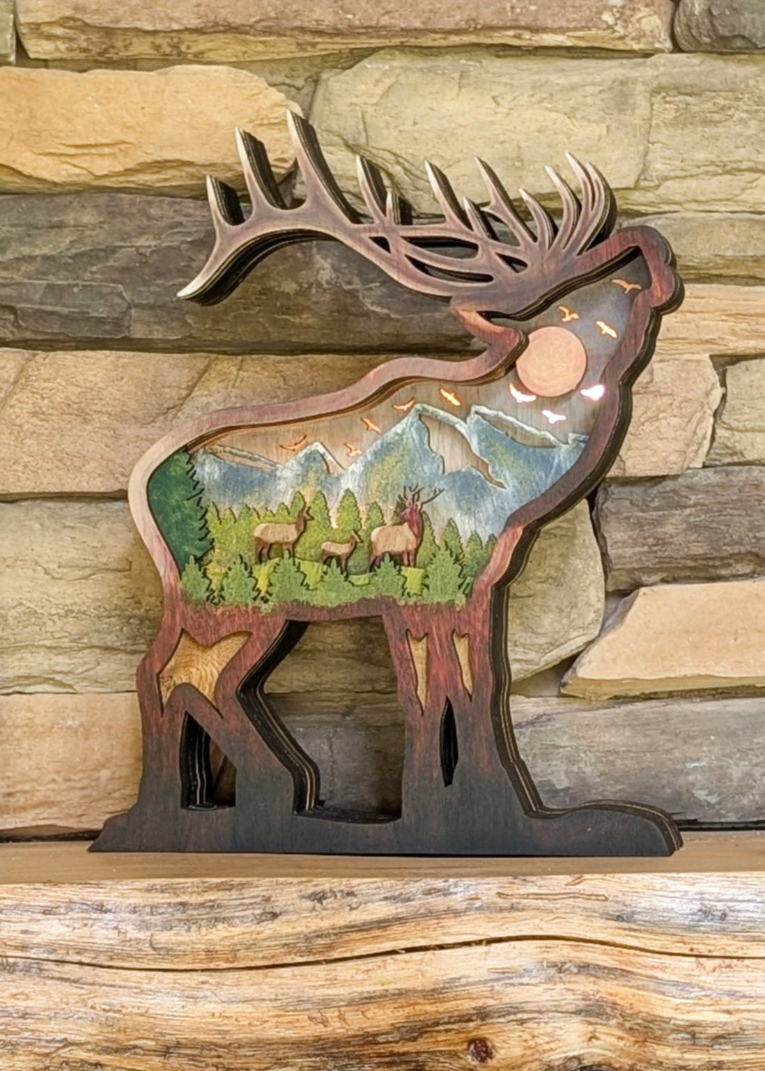 3D Elk Nightlight Displayed on Mantle with light on