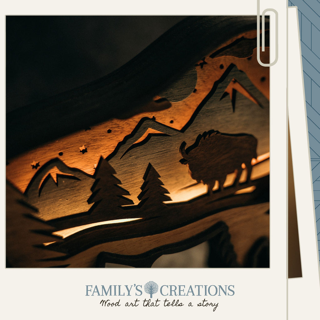 Strength in Stillness – Illuminated Layered Bison Artwork