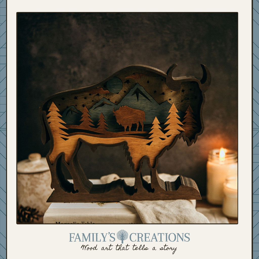 Strength in Stillness – Illuminated Layered Bison Artwork