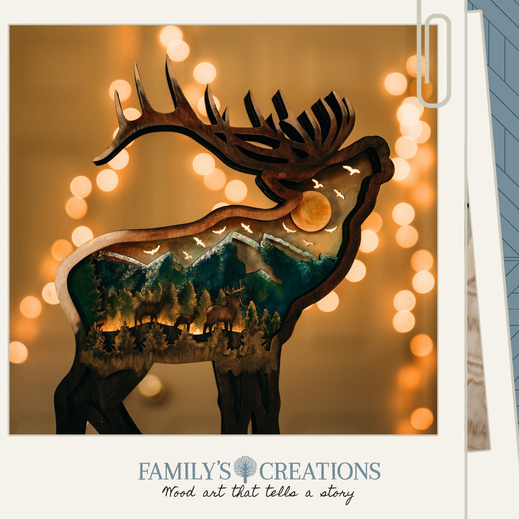 Dawn on the Ridge – Illuminated Layered Elk Artwork