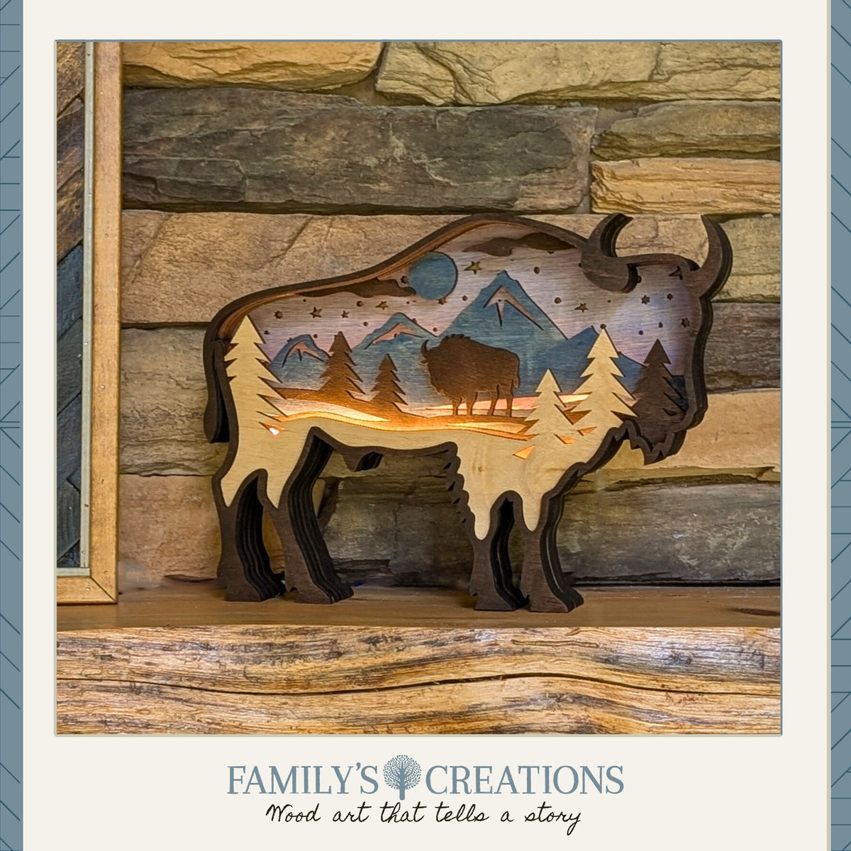 Strength in Stillness – Illuminated Layered Bison Artwork