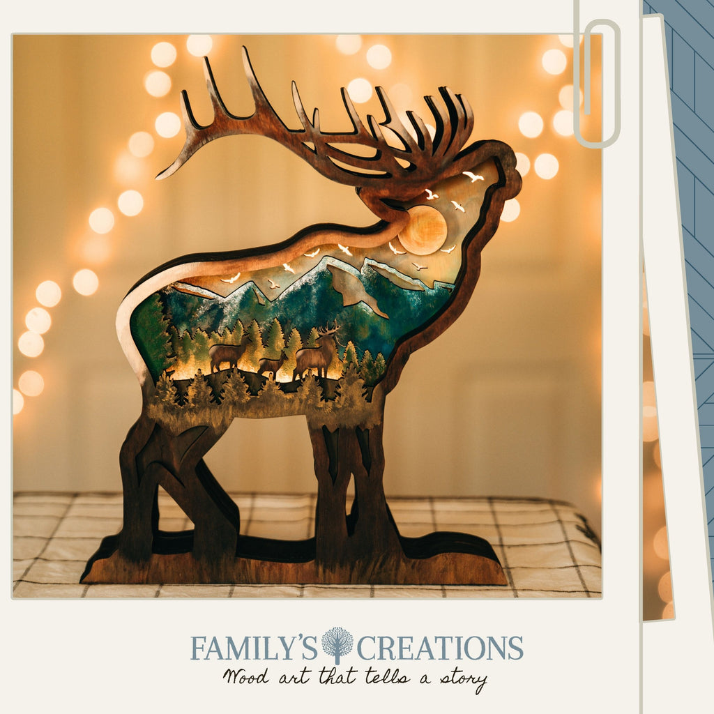 Dawn on the Ridge – Illuminated Layered Elk Artwork