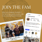 Promotional graphic for 'Family Creations' with social media call-to-action on a brown background.