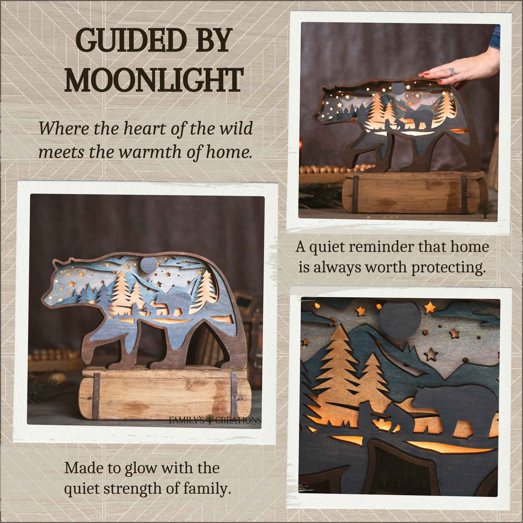 A collage-style product presentation for a wooden bear-shaped night light with a forest and cabin cutout design. The main panel shows the lit product on a wooden base against a dark background, with text reading 'GUIDED BY MOONLIGHT.
