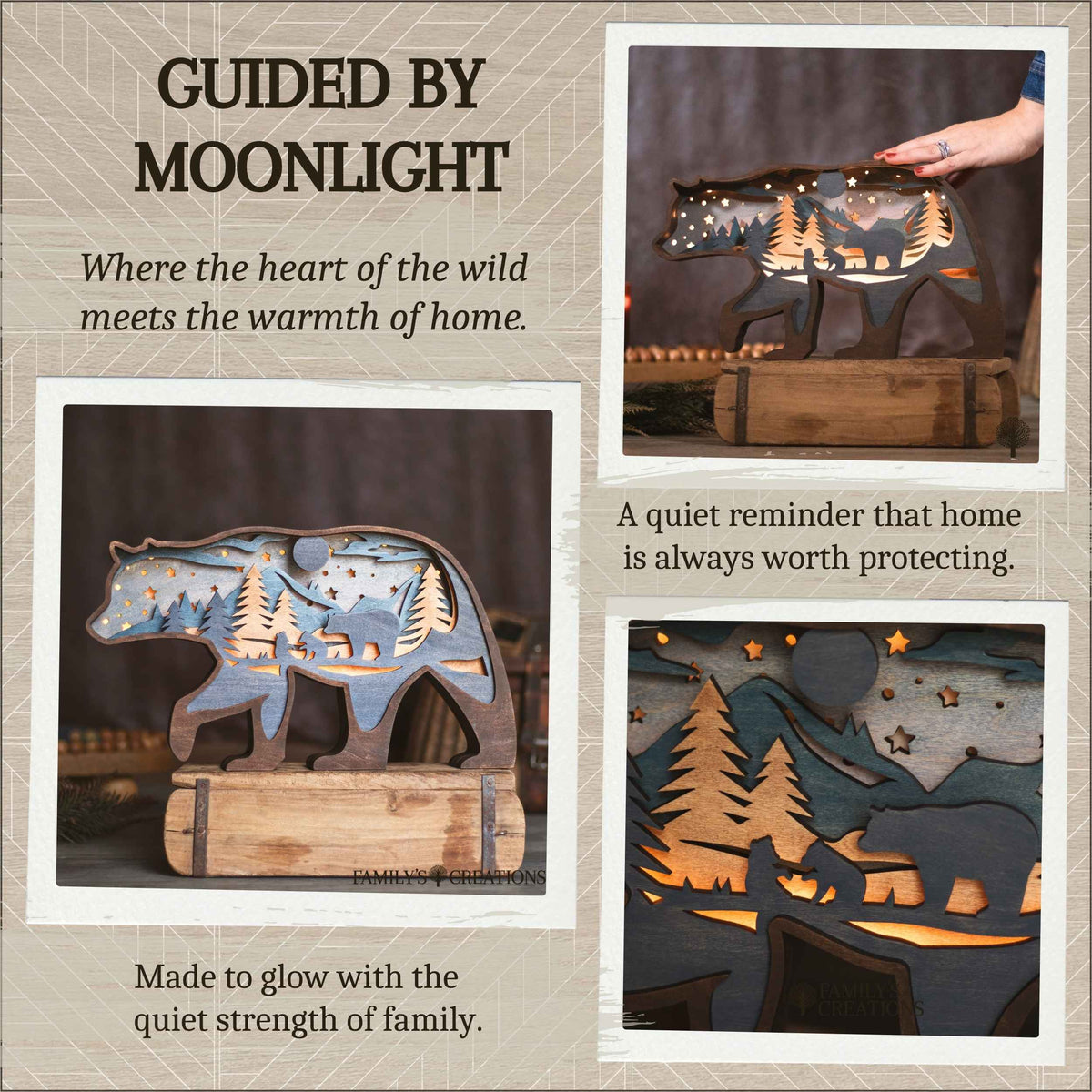 A collage-style product presentation for a wooden bear-shaped night light with a forest and cabin cutout design. The main panel shows the lit product on a wooden base against a dark background, with text reading 'GUIDED BY MOONLIGHT.