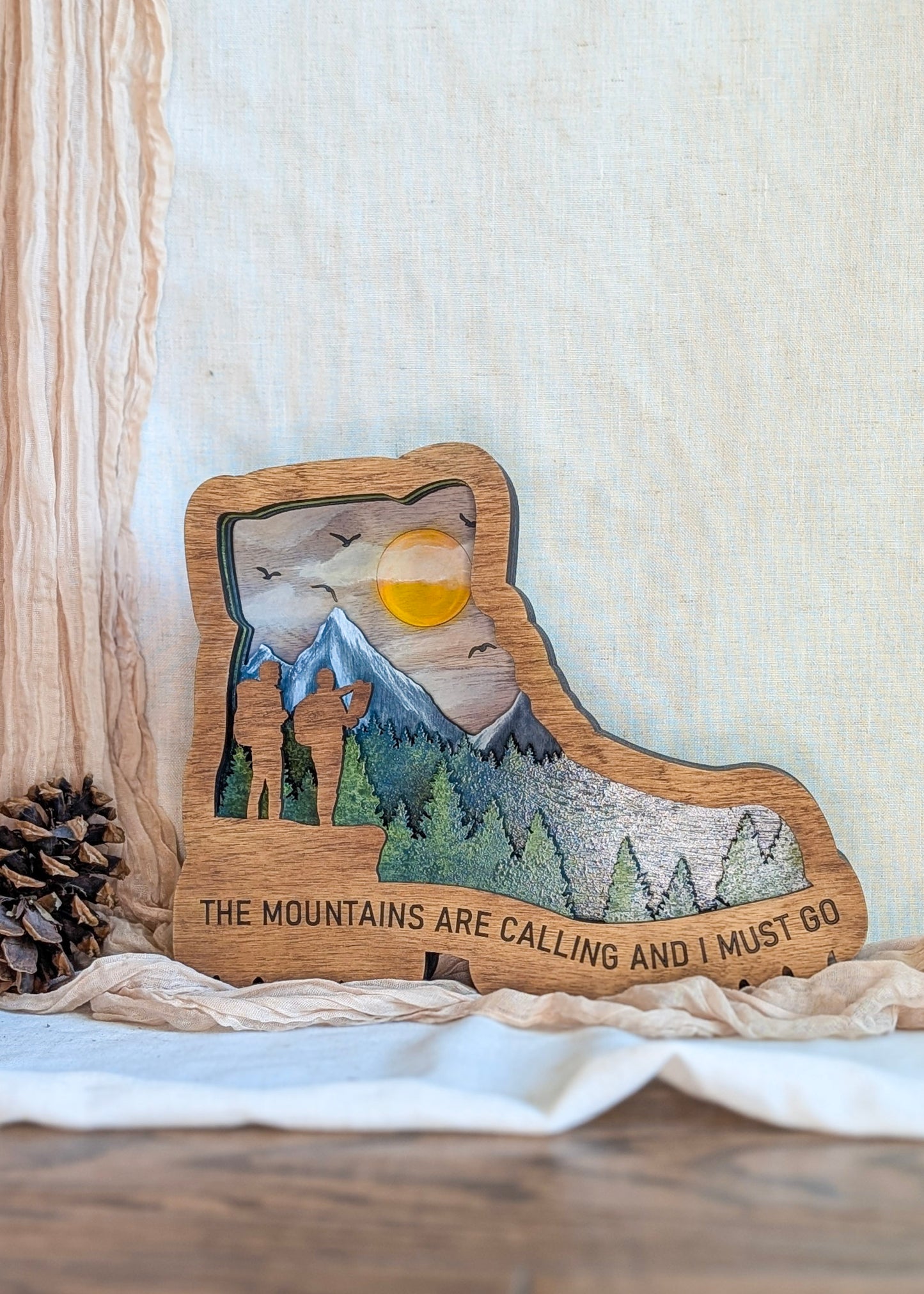 Hiking Boot "The Mountains Are Calling and I Must Go" Featured with the Light Off