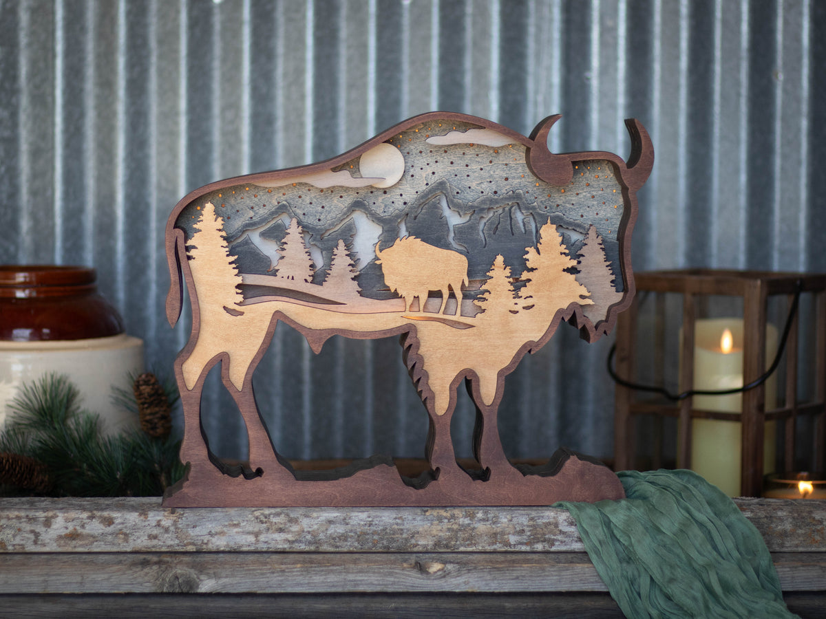 Lighted bison with Teton mountain showcase. Exclusively shown at Elevated Living in Jackson, WY. 