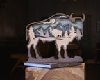 A layered wooden cutout sculpture of a bison silhouette containing a mountain and tree landscape scene, displayed on a book labeled BISON in a dimly lit indoor setting.