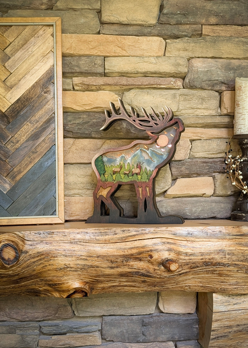 Lighted Elk Sitting On Mantle