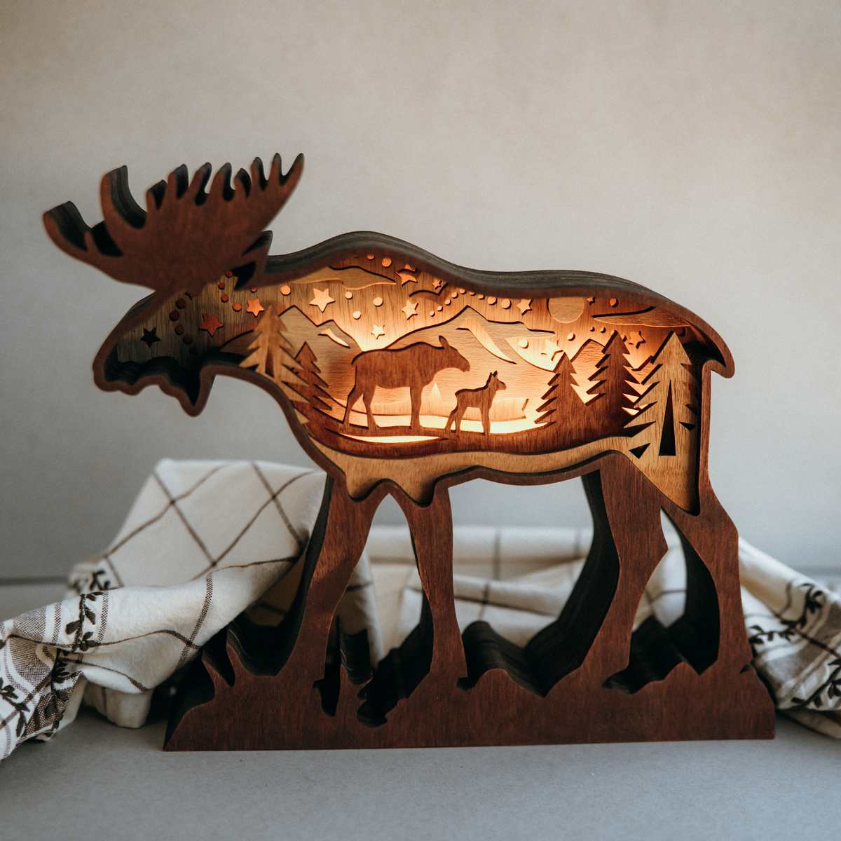 Quiet Wilderness – Illuminated Layered Moose Artwork