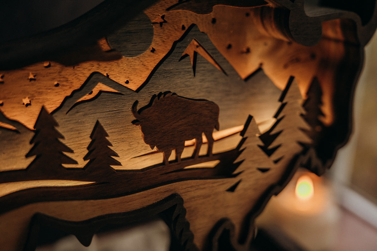 Strength in Stillness – Illuminated Layered Bison Artwork