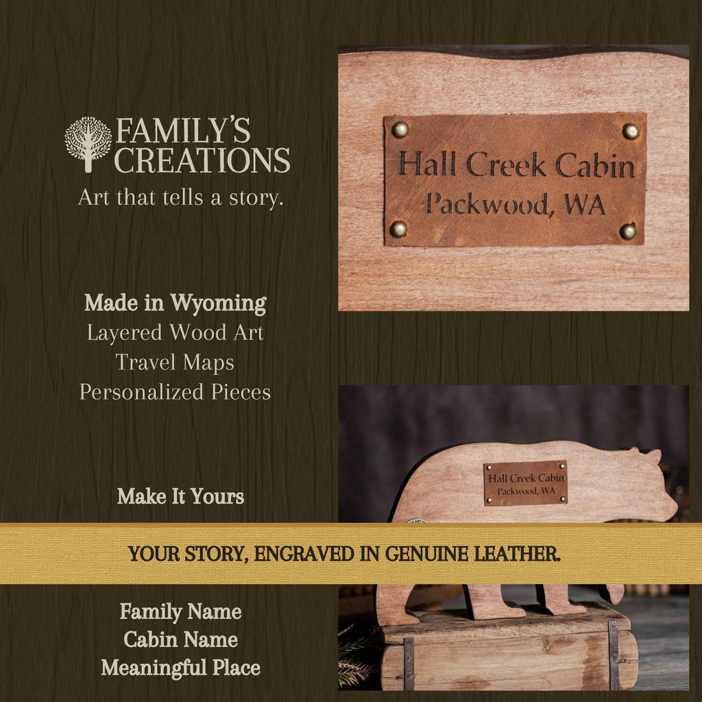 Family's Creations personalized leather plaque, showing a close-up of a rectangular engraved leather plaque on a bear, with text  and customization options.