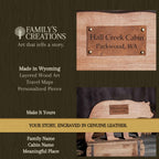 Family's Creations personalized leather plaque, showing a close-up of a rectangular engraved leather plaque on a bear, with text  and customization options.