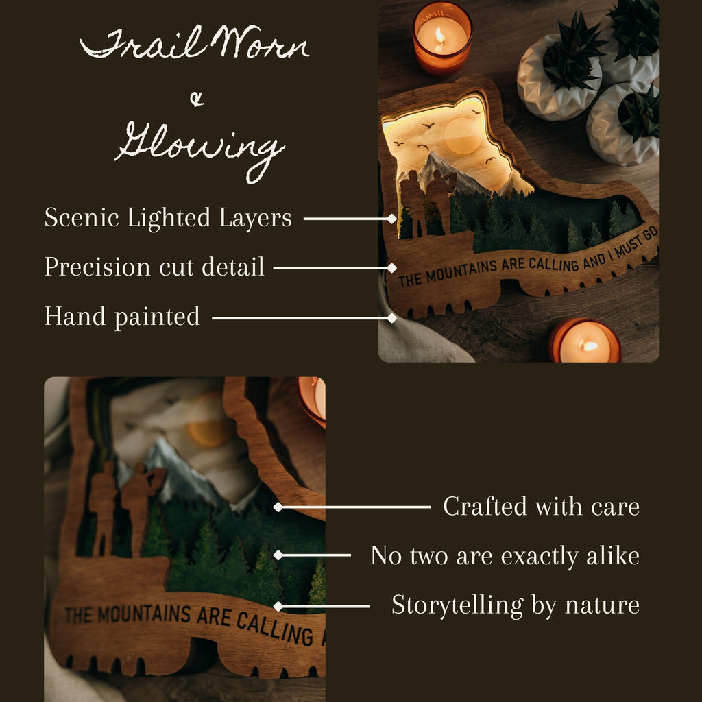 Trail Worn & Glowing – Illuminated Layered Hiking Boot Artwork
