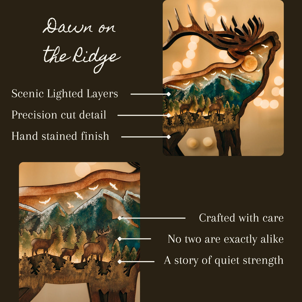 Dawn on the Ridge – Illuminated Layered Elk Artwork