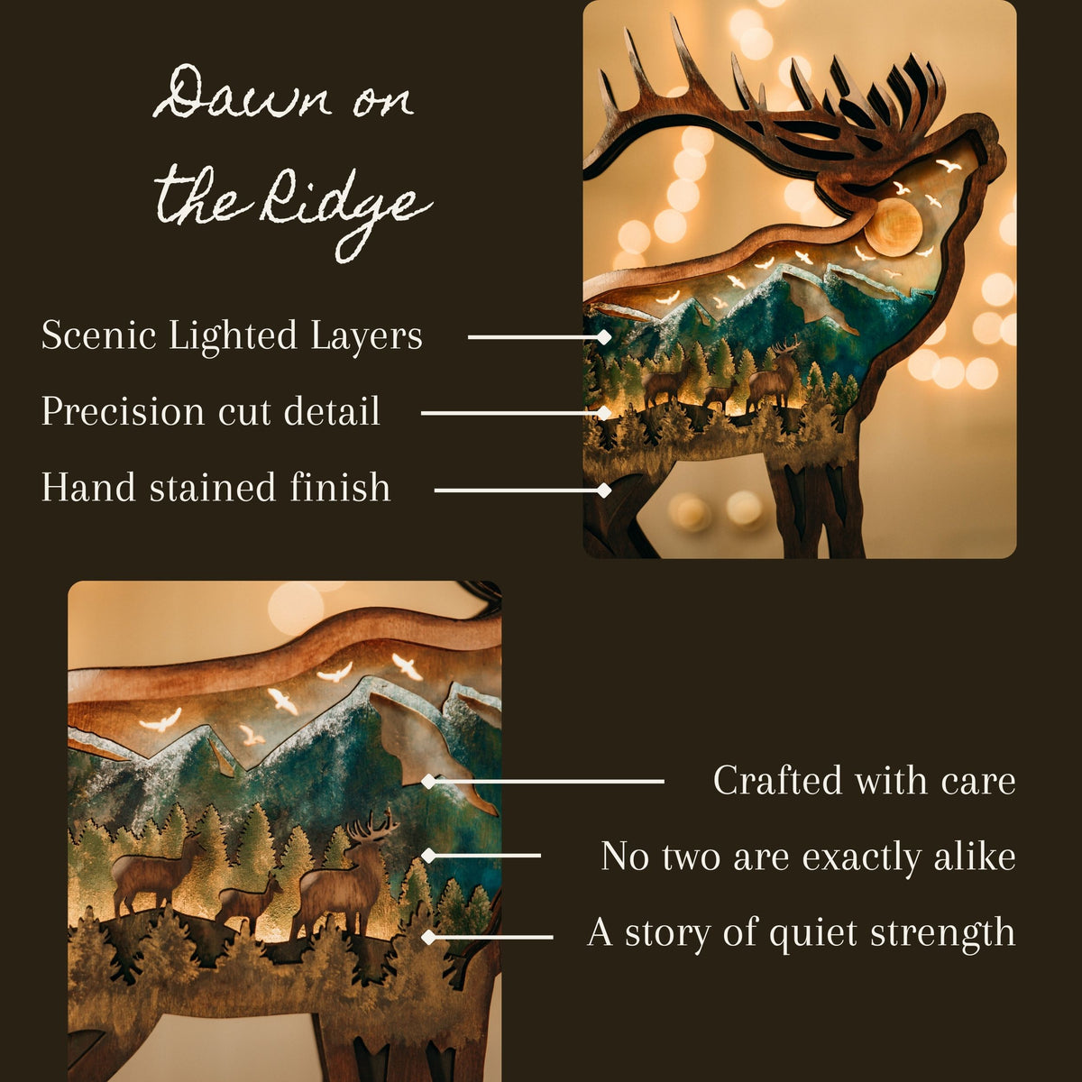 Dawn on the Ridge – Illuminated Layered Elk Artwork