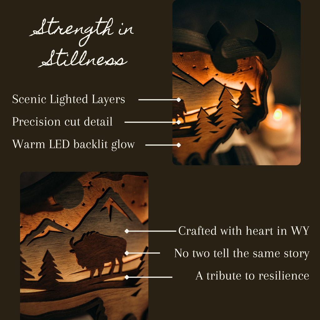 Strength in Stillness – Illuminated Layered Bison Artwork