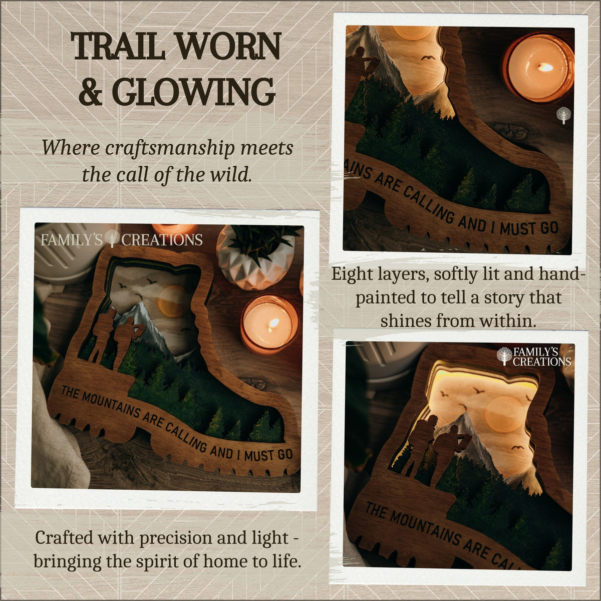 Trail Worn & Glowing – Illuminated Layered Hiking Boot Artwork