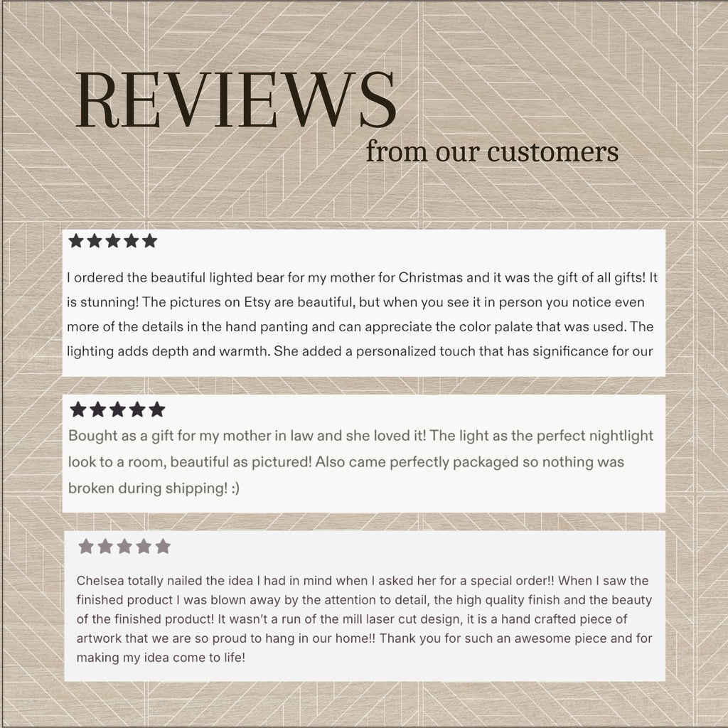A digital graphic displaying customer reviews for a personalized lighted bear. The background is a textured beige with a faint geometric pattern, featuring the title 'REVIEWS from our customers' in dark brown text.