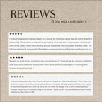 A digital graphic displaying customer reviews for a personalized lighted bear. The background is a textured beige with a faint geometric pattern, featuring the title 'REVIEWS from our customers' in dark brown text.
