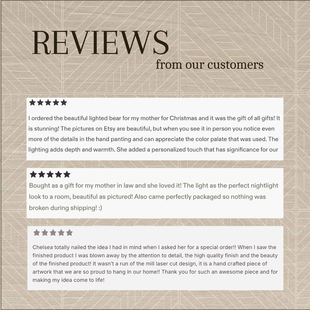 A digital graphic displaying customer reviews for a personalized lighted bear. The background is a textured beige with a faint geometric pattern, featuring the title 'REVIEWS from our customers' in dark brown text.