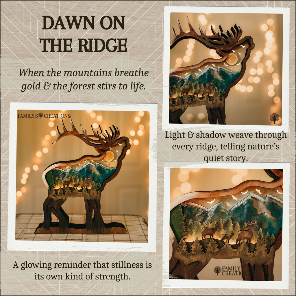 Dawn on the Ridge – Illuminated Layered Elk Artwork