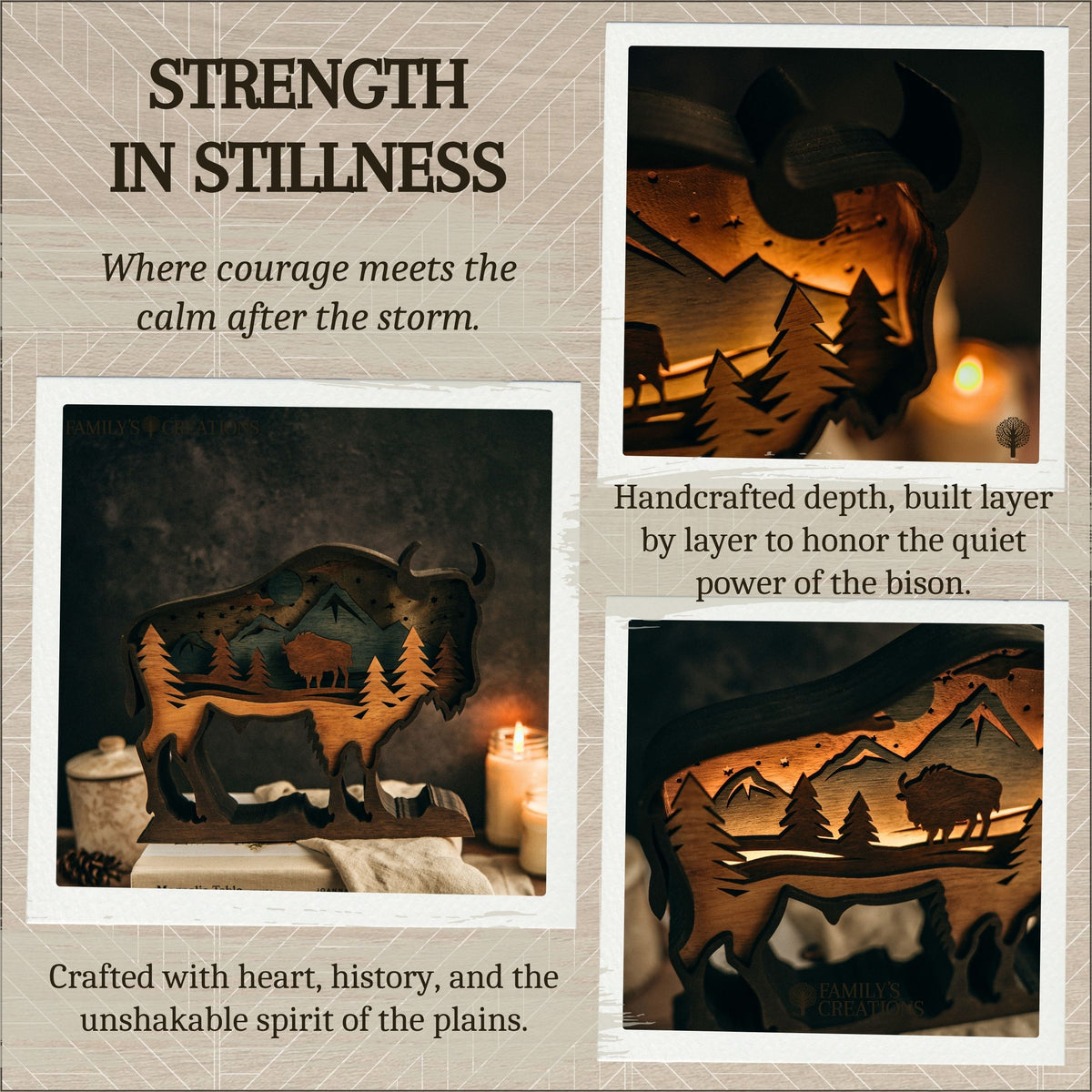 Strength in Stillness – Illuminated Layered Bison Artwork