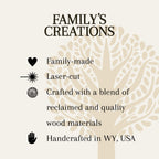 Tree design with text about family-made, laser-cut products crafted from reclaimed and quality wood materials, handcrafted in WY, USA.