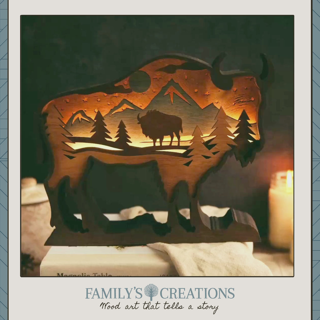 Strength in Stillness – Illuminated Layered Bison Artwork