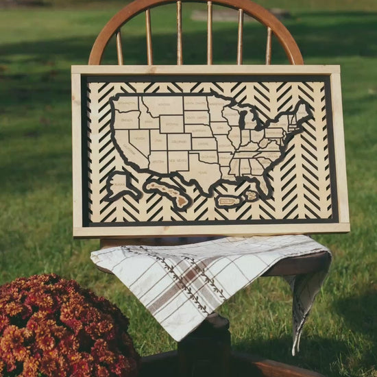 Video highlighting the detailed craftsmanship, engraved states, and rustic modern design of the Hearthline Storyline Series travel map.